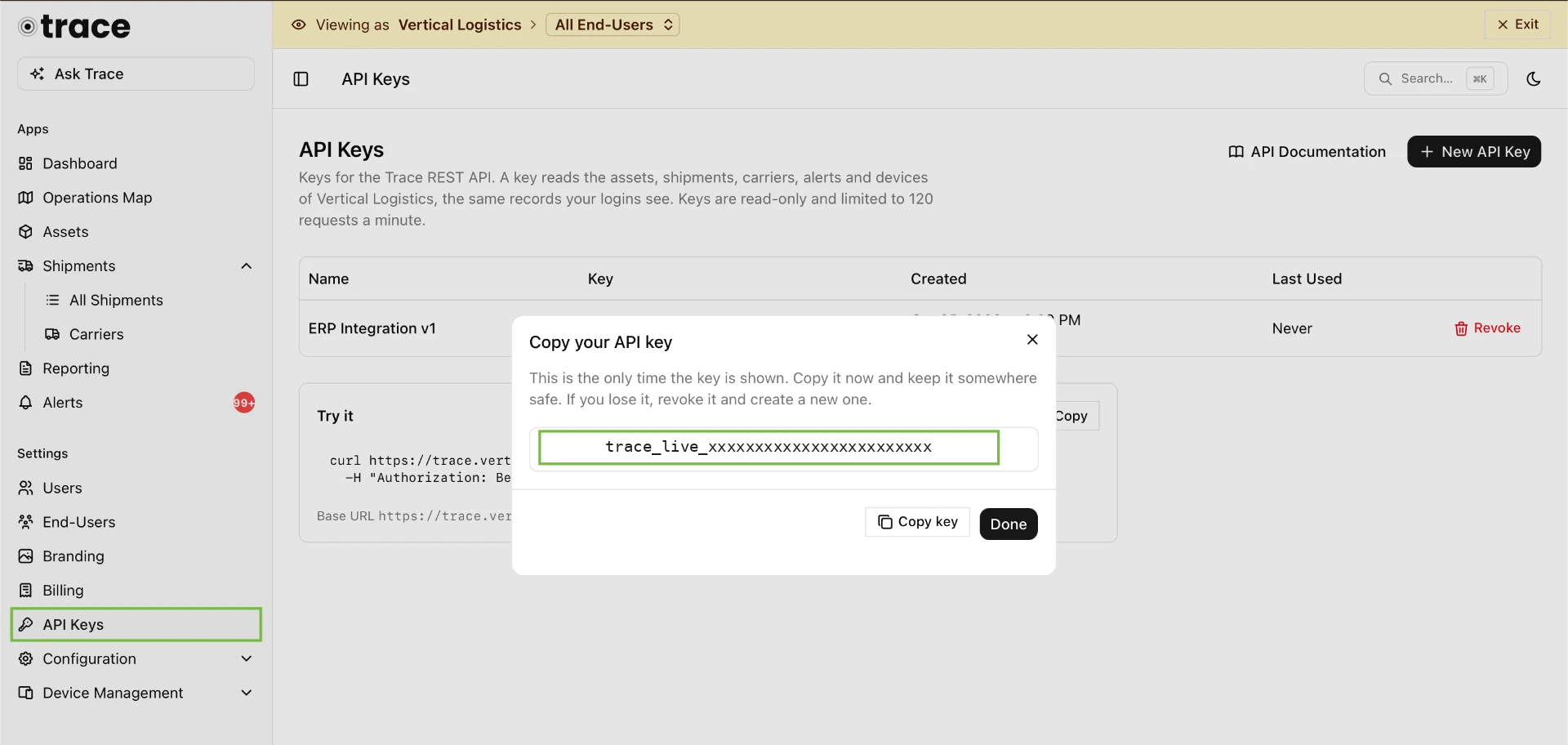 Trace settings showing the API Keys screen with the Copy your API key dialog open