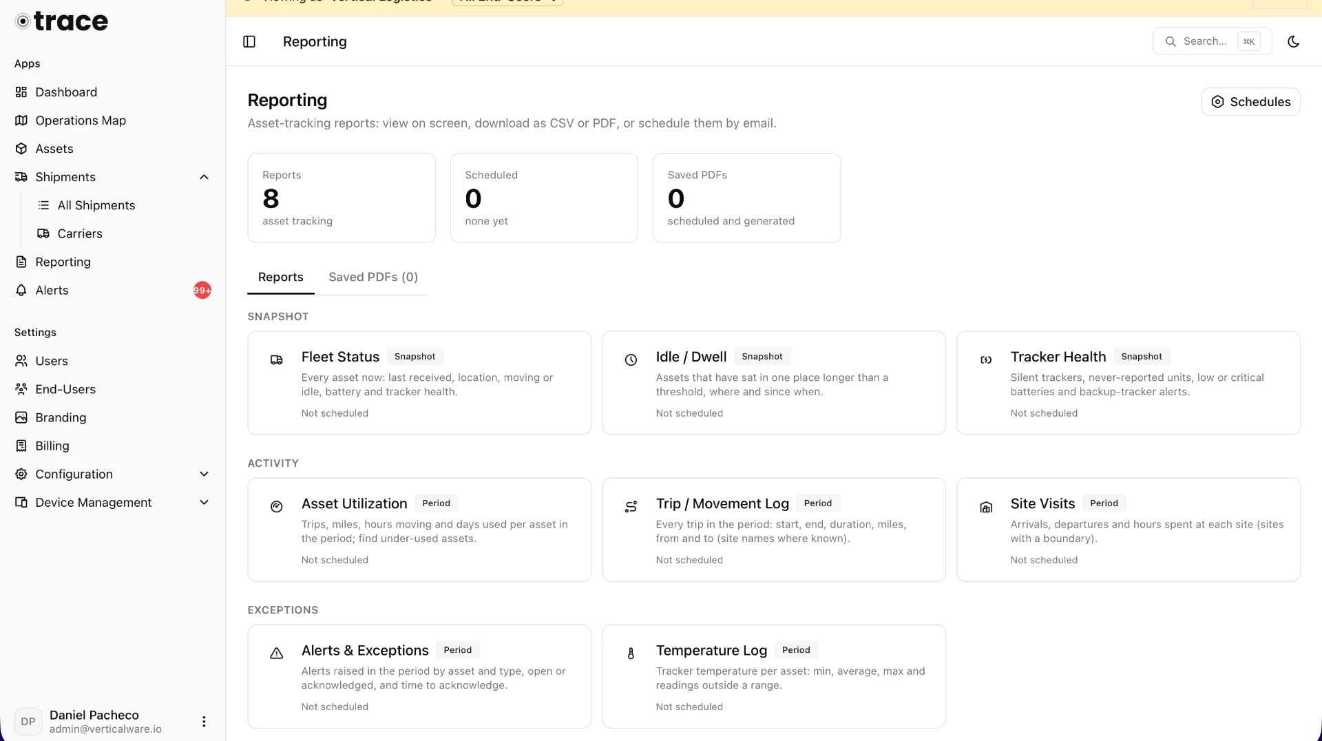 Trace Platform reporting hub showing report counts and the ready-made reports grouped as snapshot, activity and exceptions.