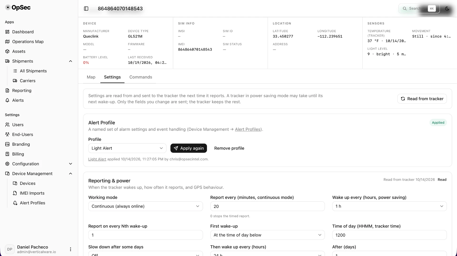Trace Platform device settings screen showing a tracker's manufacturer, SIM, location and sensor readings above its reporting and power configuration.