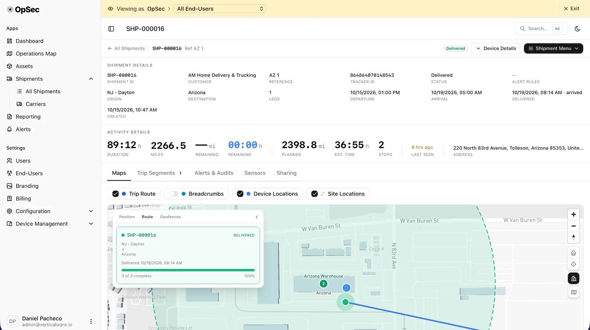 Trace shipment screen for SHP-000016 in light mode: white panels and sidebar, pale map tiles with the delivery route, shipment and activity details cards.