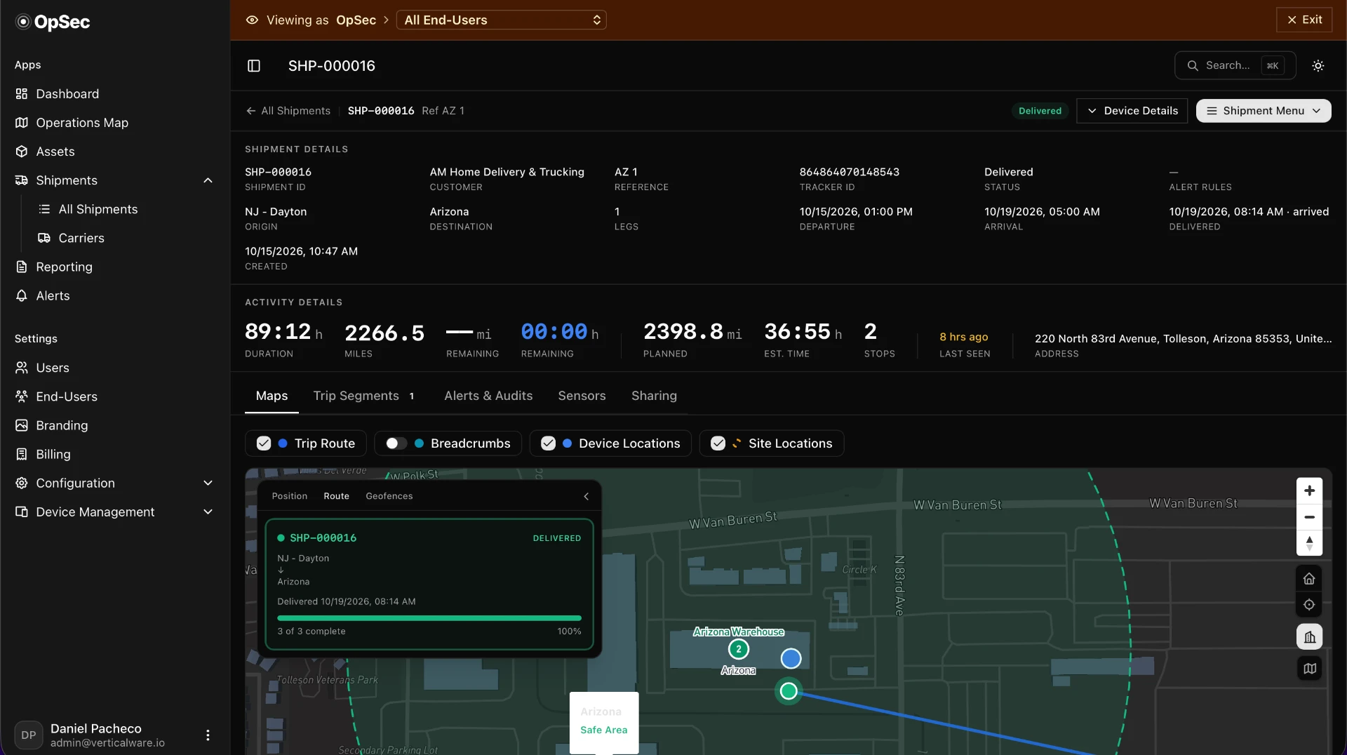 The same Trace shipment screen for SHP-000016 in dark mode: near-black panels and sidebar, dark map tiles with the delivery route, and the same shipment and activity details.