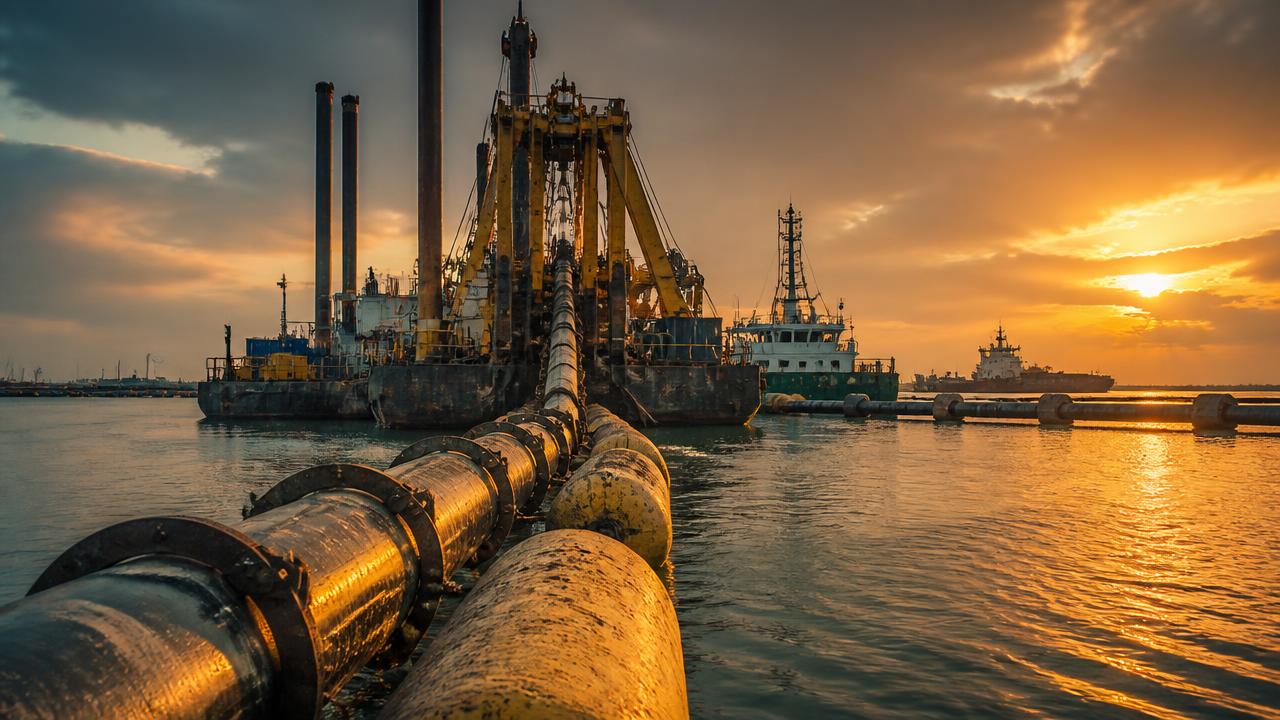 Dredging pipeline operation at sunset