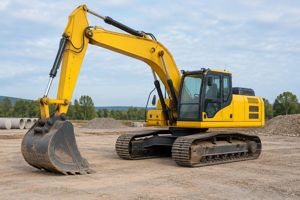 Tracked excavator with its bucket and full chassis visible at a construction site