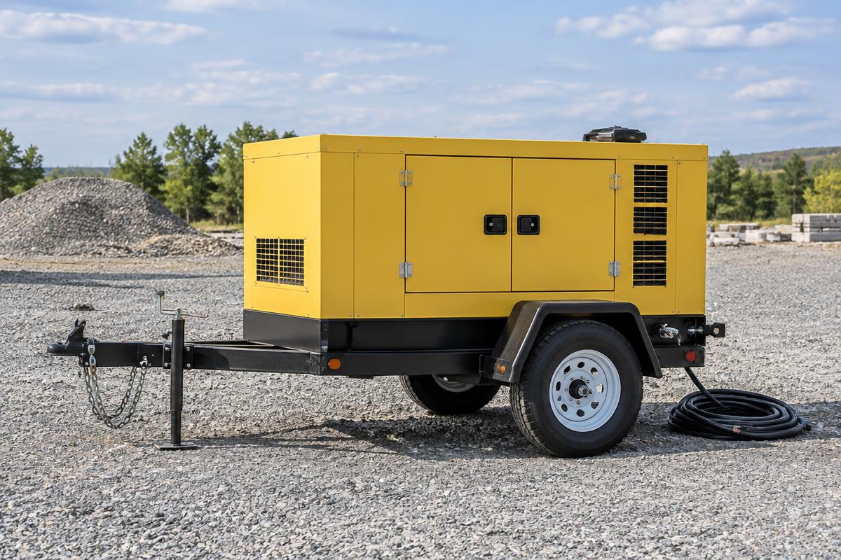 Portable industrial generator on a towable chassis at a jobsite