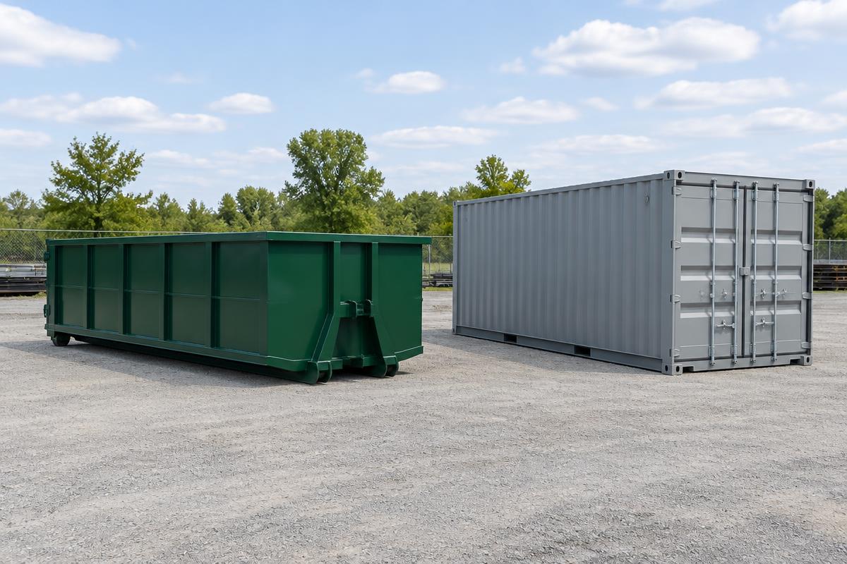 Roll-off container and shipping container in an equipment yard